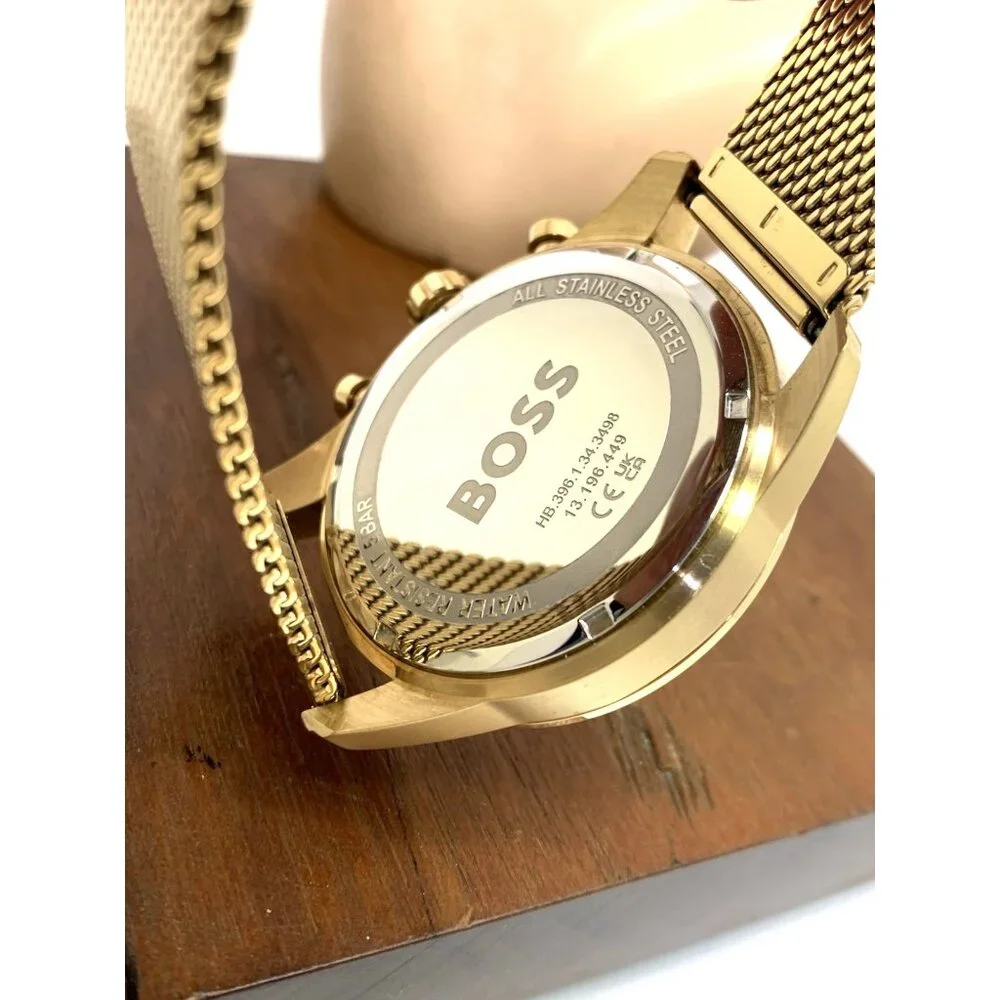 Hugo Boss Men's Watch 1513838 Quartz Chronograph Black Dial Gold Mesh Steel 44mm